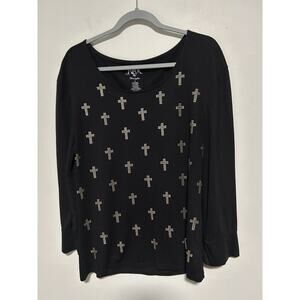 Rock 47 Wranger 3/4 Sleeve Top Women’s Large Black Goldtone Embellished Cross